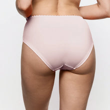 Load image into Gallery viewer, Rear view of a model wearing high-waisted light pink underwear with a scalloped waistband against a plain white background.
