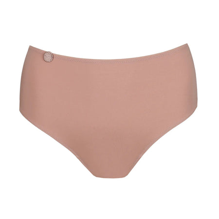 Pink high-waisted bikini bottom on a white background