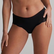 Load image into Gallery viewer, Black. Seductive and comfortable high-waisted full briefs. They are cut high at the front, elongating the look of the leg.  The back has a wide lace trim and covers the bottom with a smooth finish.  They are super soft and very comfortable to wear. Fabric Content: Polyamide:74%, Elastane:19%, Cotton:7%
