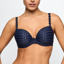 Load image into Gallery viewer, Navy blue bra with intricate detailing on a plain background
