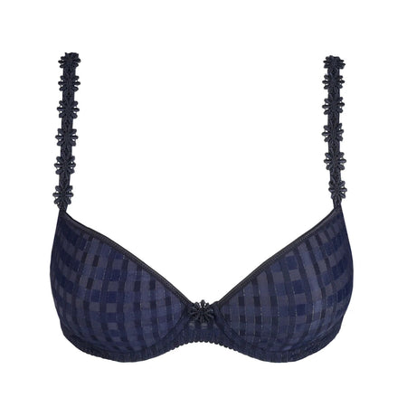 Navy blue bra with decorative straps on a white background