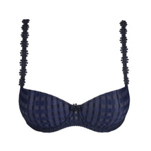 Load image into Gallery viewer, Navy blue bra with intricate detailing on a white background
