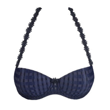Load image into Gallery viewer, Navy blue patterned bra with decorative straps on a white background
