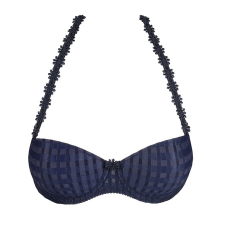 Navy blue patterned bra with decorative straps on a white background