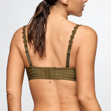 Load image into Gallery viewer, Green bra with floral straps worn by a model on a light gray background
