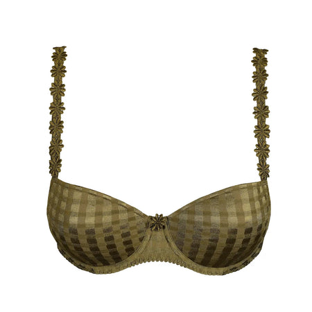 A vintage-style underwire bra in olive green and brown checkered fabric, featuring decorative floral-patterned straps and a central bow detail.