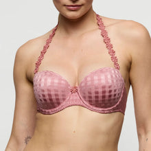 Load image into Gallery viewer, Pink checkered bra with floral details on a plain background
