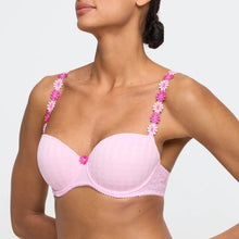 Load image into Gallery viewer, Pink bra with floral straps worn by a model on a light gray background
