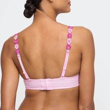 Load image into Gallery viewer, Pink bra with floral straps worn by a model on a light gray background
