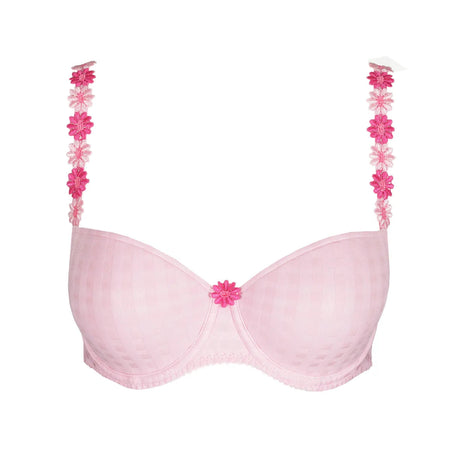Pink bra with floral straps on a white background