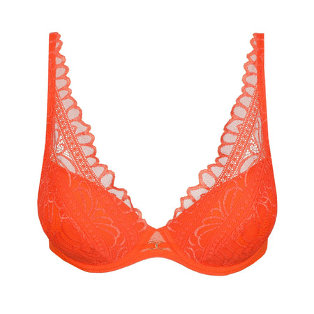 Orange lace bra on a white background