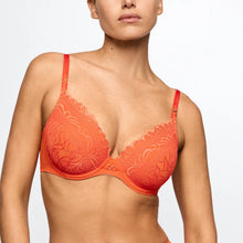 Load image into Gallery viewer, Orange lace bra worn by a model on a white background
