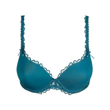 Load image into Gallery viewer, Blue bra with lace details on a white background
