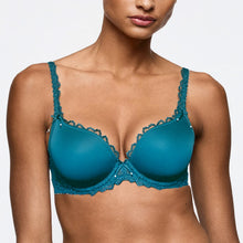 Load image into Gallery viewer, Teal bra with lace details worn by a model on a white background
