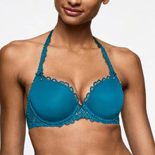 Load image into Gallery viewer, Teal bra with lace details worn by a model on a plain background
