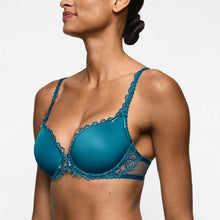 Load image into Gallery viewer, Teal bra with lace details worn by a model on a white background
