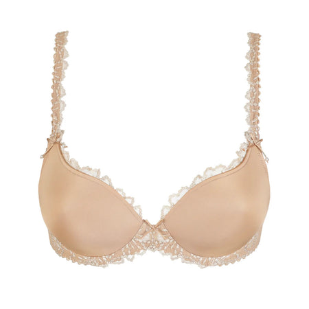 Beige bra with lace details on a white background