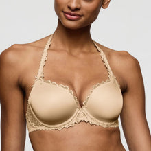 Load image into Gallery viewer, Beige bra with lace details worn by a model on a plain background
