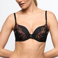 Load image into Gallery viewer, Black lace bra worn by a model on a plain background
