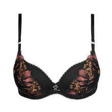Load image into Gallery viewer, Black bra with floral lace details on a white background
