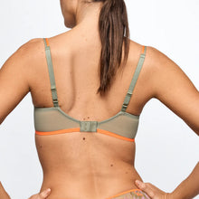 Load image into Gallery viewer, Woman wearing a gray and orange bra against a plain background
