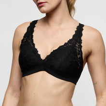 Load image into Gallery viewer, Black lace bra on a plain background
