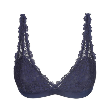 Navy blue lace bra on a white background