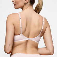 Load image into Gallery viewer, A woman shown from the back wearing a pale pink underwire bra with thin adjustable straps and scalloped edges, against a plain light background.

