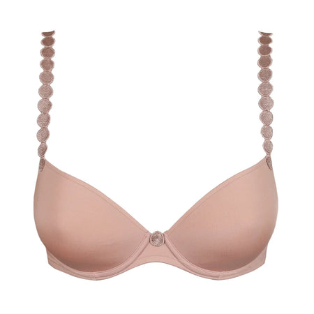 Pink bra with beaded straps on a white background