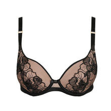 Load image into Gallery viewer, 
The formed cup bra creates a heart-shape offering a lovely cleavage. The cups plunge all the way from the lowest point of the bridge upwards to the sides to support the curve of the bust. The straps to the front have metal furniture and have a playful mesh triangular detail at the back. 
Fabric content: Polyester:47%, Polyamide:42%, Elastane:11%

