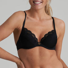 Load image into Gallery viewer, Black. The removable pads in this push-up bra lets you create an ultra-seductive look. The cups covered in jacquard lace with a wide band of sheerness at the top. The bra also has a lovely decorative straps at the back. Fabric Content: Polyamide:43%, Polyester: 42%, Elastane:15%
