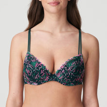 Load image into Gallery viewer, BEST SELLER!  An all-lace plunge bra with removable pads to the C cup. This gorgeously shaped bra adds cleavage to any bust size. The double delicate straps give extra support without bulk. The removable pads (in A to C) allow the wearer to adjust the uplift. This bra lifts and centres the bust to give the ultimate cleavage. D - E cups are a formed plunge but without a pad.  Fabric content: Polyamide: 54%, Polyester: 32%, Elastane: 14%. Jungle Kiss.
