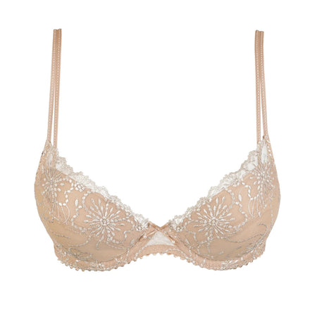 Beige bra with lace detailing on a white background
