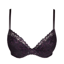 Load image into Gallery viewer, BEST SELLER! An all-lace plunge bra with removable pads. This gorgeously shaped bra adds cleavage to any bust size. The double delicate straps give extra support without bulk. The removable pads allow the wearer to adjust the uplift. This bra lifts and centres the bust to give the ultimate cleavage.  Fabric content: Polyamide: 54%, Polyester: 32%, Elastane: 14%.  Amethyst.
