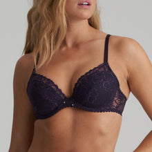 Load image into Gallery viewer, BEST SELLER! An all-lace plunge bra with removable pads. This gorgeously shaped bra adds cleavage to any bust size. The double delicate straps give extra support without bulk. The removable pads allow the wearer to adjust the uplift. This bra lifts and centres the bust to give the ultimate cleavage.  Fabric content: Polyamide: 54%, Polyester: 32%, Elastane: 14%.  Amethyst.
