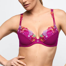 Load image into Gallery viewer, Purple bra with floral embroidery on a plain background
