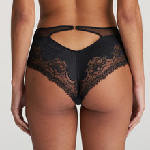 Load image into Gallery viewer, This is a luxurious lace and mesh Hotpants. They have feminine, retro look which features Italian black lace embroidery.  It is wide at the hip for a smooth silhouette. The strapping detail at the back offers that extra style and design.  Fabric content: Polyamide: 86%, Elastane: 11%, Cotton: 3%
