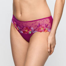 Load image into Gallery viewer, Purple lace underwear with floral embroidery on a plain background
