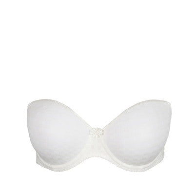 Ivory strapless formed cup underwire bra with a balconnet line. Straight back with silicone strip to give extra support when the bra is worn strapless. Excellent shape and support for those strapless occasions. May also be worn in a halter style. The signature daisy straps complete the picture!  Fabric Content: Polyamide: 49%, Polyester: 41%, Elastane: 10%