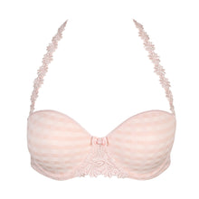 Load image into Gallery viewer, Strapless formed cup underwire bra with a balconnet line. Straight back with silicone strip to give extra support when the bra is worn strapless. Excellent shape and support for those strapless occasions. May also be worn in a halter style. The signature daisy straps complete the picture!  Fabric Content: Polyamide: 49%, Polyester: 41%, Elastane: 10%
