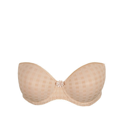 Caffé Latte strapless formed cup underwire bra with a balconnet line. Straight back with silicone strip to give extra support when the bra is worn strapless. Excellent shape and support for those strapless occasions. May also be worn in a halter style. The signature daisy straps complete the picture!  Fabric Content: Polyamide: 49%, Polyester: 41%, Elastane: 10%