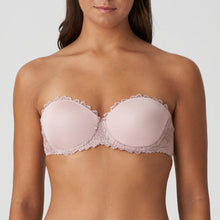 Load image into Gallery viewer, This is the attractive end of the strapless bra market. Beautifully smooth to the front but with a delicate lace trim on the cup to counterbalance any severity. The removable straps, if worn, are dainty and lace trimmed. This bra has the added bonus to create the halter style also. Fabric content: Polyamide: 53%, Polyester: 35%, Elastane: 12%. Bois de Rose.
