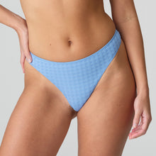 Load image into Gallery viewer, A wide-sided G/String that is beautifully smooth and opaque at the front. A cheeky daisy embroidery detail and the back completes the look! A very feminine, sensual and sexy style that reveals the bottom.  Fabric Content: Polyamide: 77%, Elastane: 17%, Cotton: 6%.  Santorini Blue.
