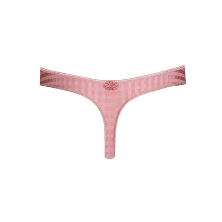 Pink thong with lace details on a white background