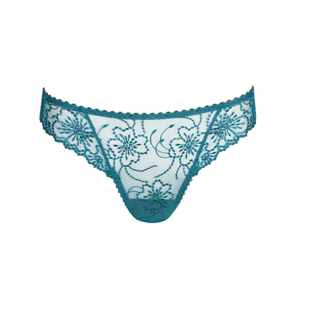 Teal lace thong on a white background
