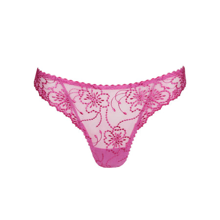 Pink lace thong on a white background