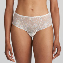 Load image into Gallery viewer, A sumptuous luxury G/String has beautifully transparent embroidery. Wide lace fits like a shorts to the front and over the bottom, but with a cute thong effect for a super sexy fit at the rear. This luxury G/String is in a fine floral lace cut higher at the back to be more revealing.   Fabric content: Polyamide: 51%, Polyester: 30%, Elastane: 13%, Cotton: 6%. Boudoir Cream. 
