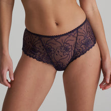 Load image into Gallery viewer, A sumptuous luxury G/String has beautifully transparent embroidery. Wide lace fits like a shorts to the front and over the bottom, but with a cute thong effect for a super sexy fit at the rear. This luxury G/String is in a fine floral lace cut higher at the back to be more revealing.   Fabric content: Polyamide: 51%, Polyester: 30%, Elastane: 13%, Cotton: 6%.  Amethyst.
