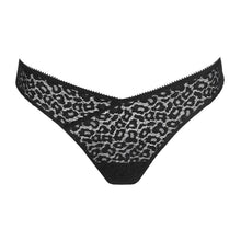 Load image into Gallery viewer, Black lace thong with a subtle pattern on a white background
