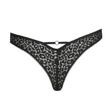 Load image into Gallery viewer, Black lace thong on a white background
